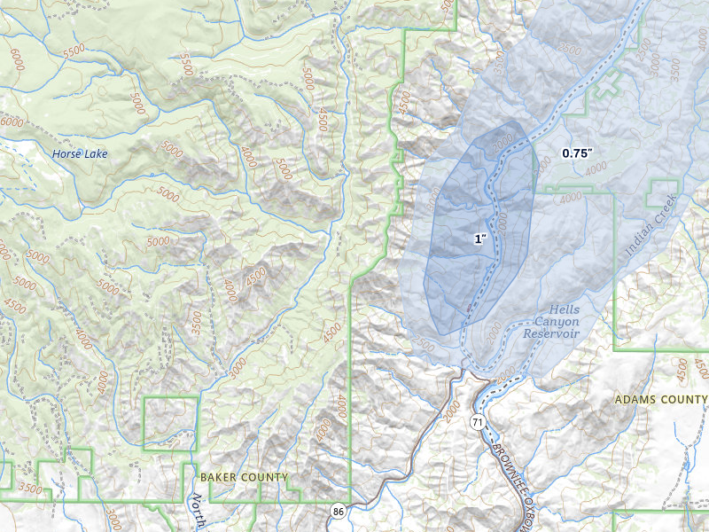 NEXRAD radar-signature map of the hail storm over Oxbow, OR on Jul 23, 2026