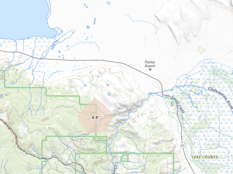 Radar-estimated hail-size map of the storm over Paisley, OR on Jul 6, 2026