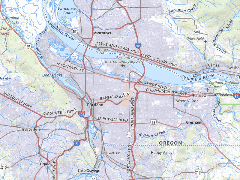 Radar-estimated hail-size map of the storm over Portland, OR on Jul 22, 2026