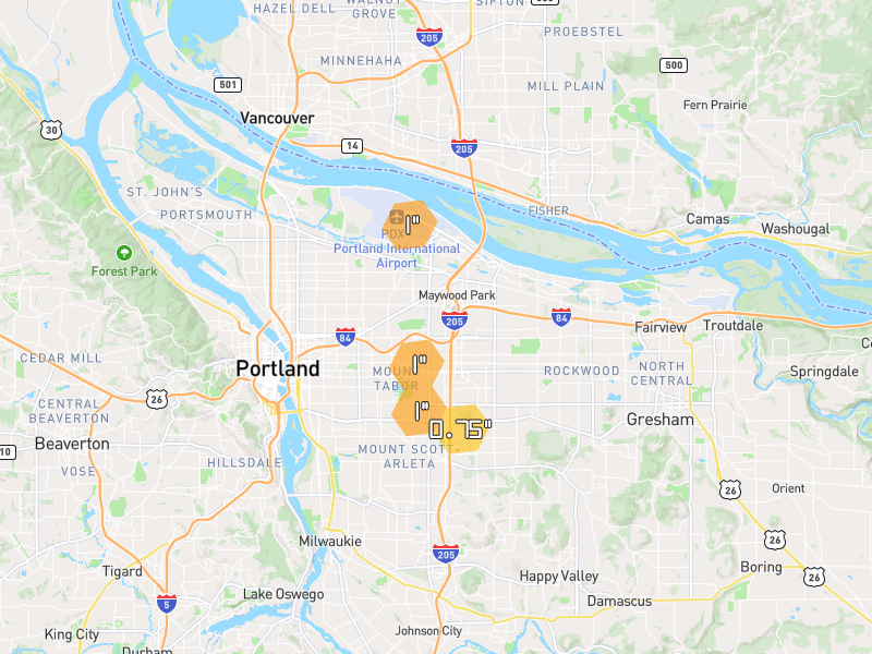 Hail map of Portland, OR on Jul 23, 2026, hail up to 1"