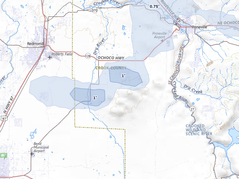 NEXRAD radar-signature map of the hail storm over Powell Butte, OR on May 28, 2026