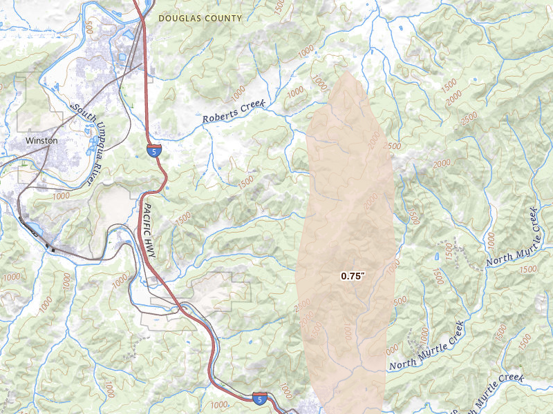 Radar-estimated hail-size map of the storm over Roseburg, OR on Apr 9, 2026