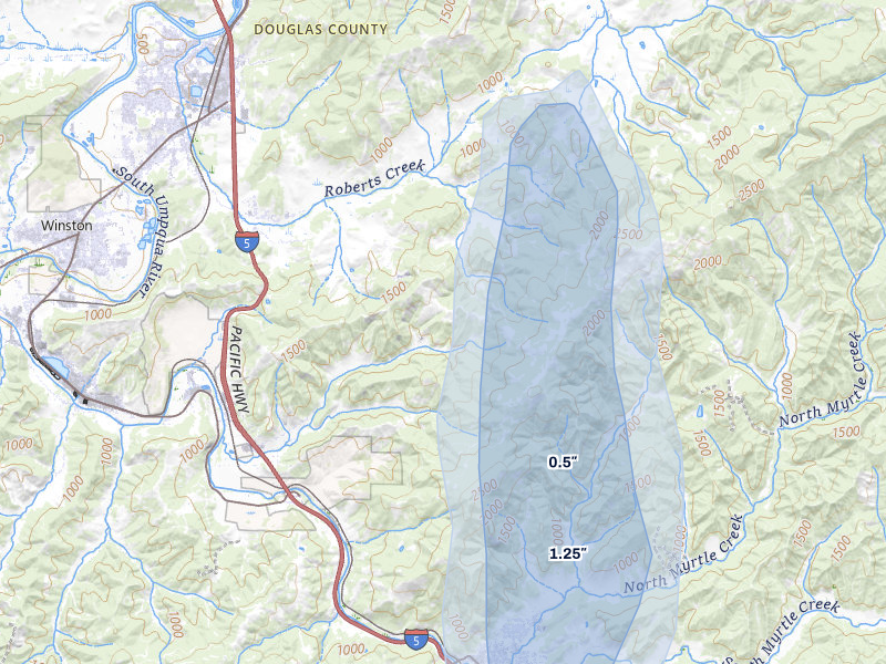NEXRAD radar-signature map of the hail over Roseburg, OR