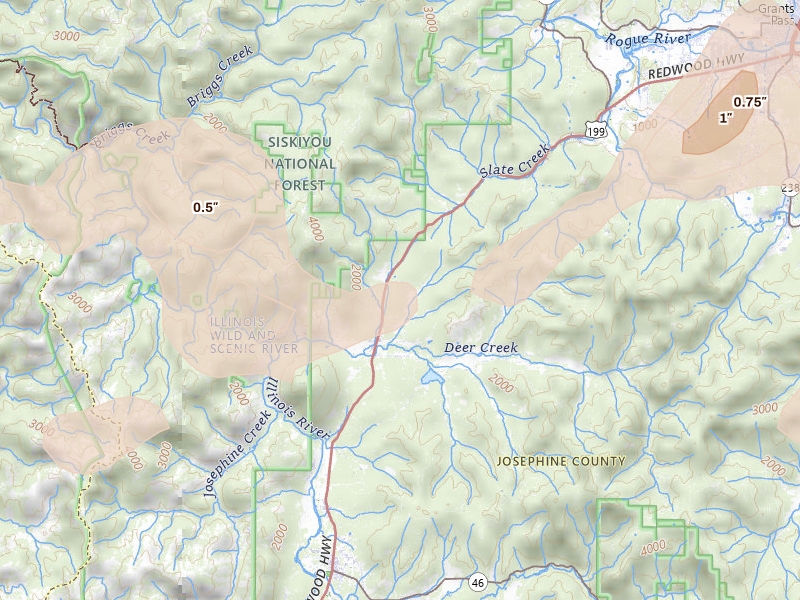 Radar-estimated hail-size map of the storm over Selma, OR on May 3, 2026