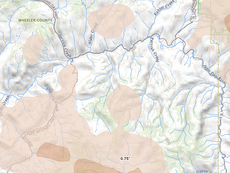 Radar-estimated hail-size map of the storm over Spray, OR on May 28, 2026