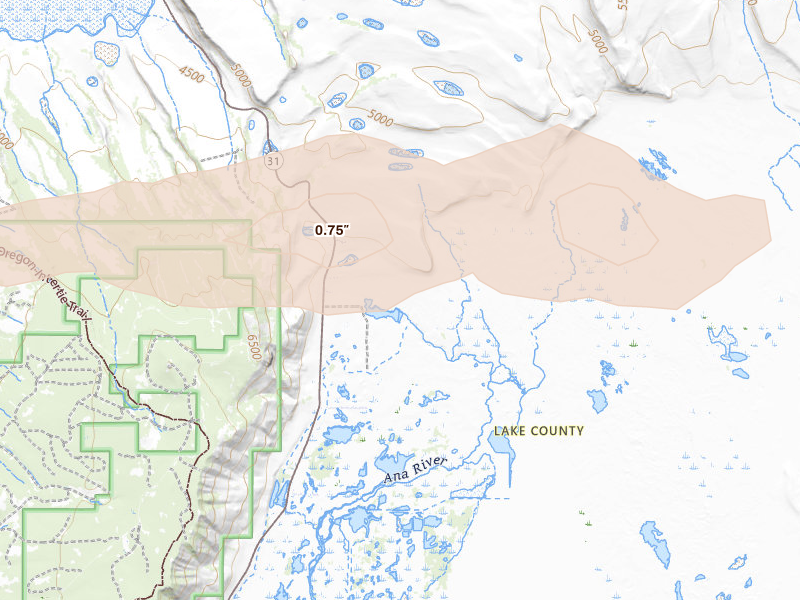 Radar-estimated hail-size map of the storm over Summer Lake, OR on Jul 6, 2026
