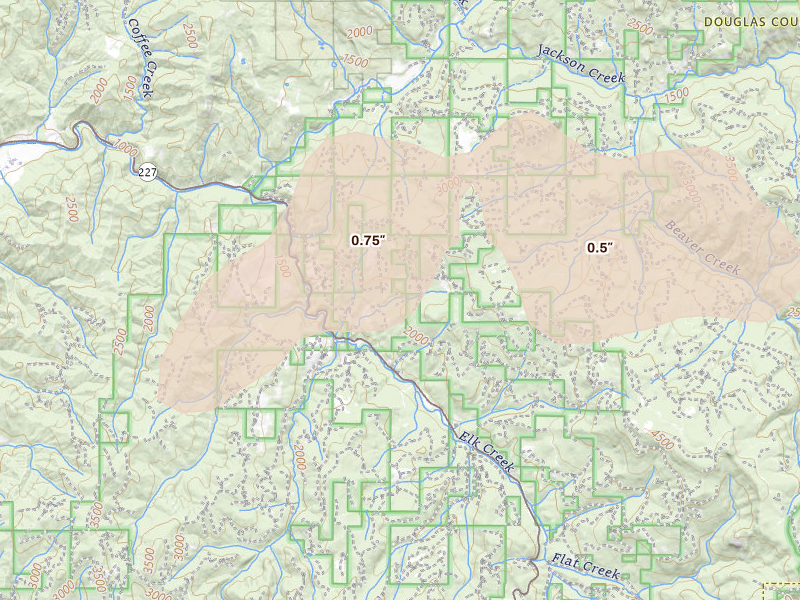 Radar-estimated hail-size map of the storm over Tiller, OR on May 3, 2026