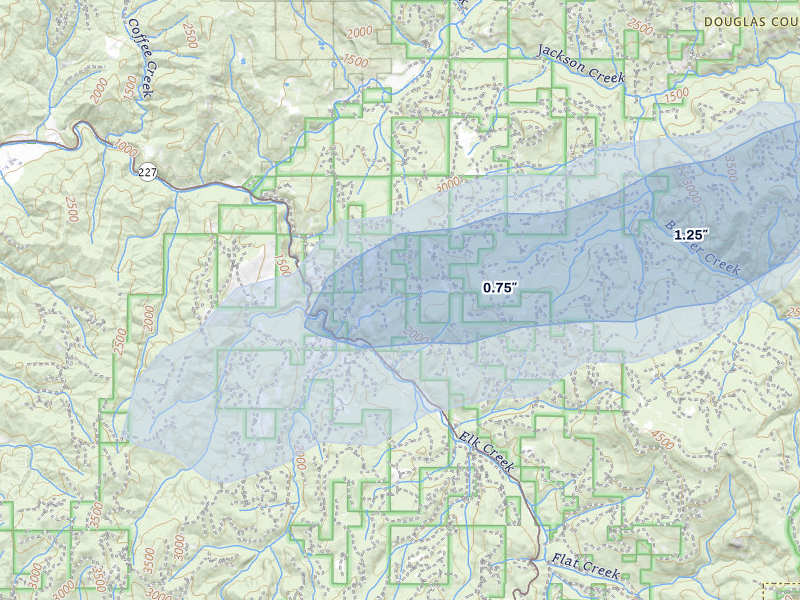 NEXRAD radar-signature map of the hail storm over Tiller, OR on May 3, 2026