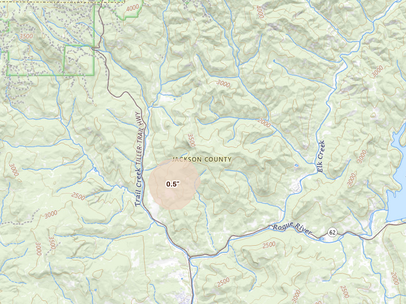 Radar-estimated hail-size map of the storm over Trail, OR on May 3, 2026