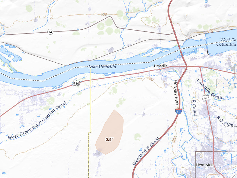 Radar-estimated hail-size map of the storm over Umatilla, OR on Jul 15, 2026