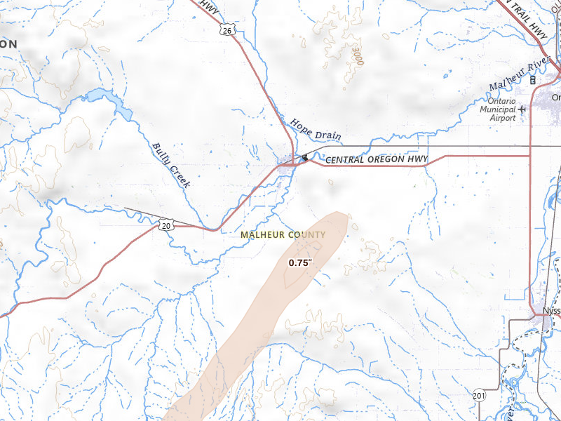 Radar-estimated hail-size map of the storm over Vale, OR on Jul 23, 2026