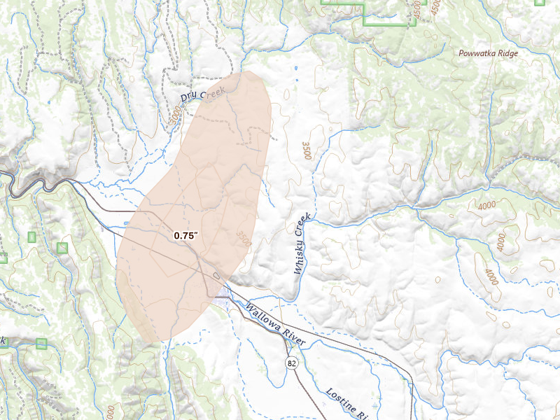 Radar-estimated hail-size map of the storm over Wallowa, OR on Aug 15, 2026