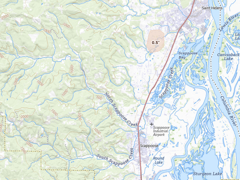 Radar-estimated hail-size map of the storm over Warren, OR on Jul 22, 2026