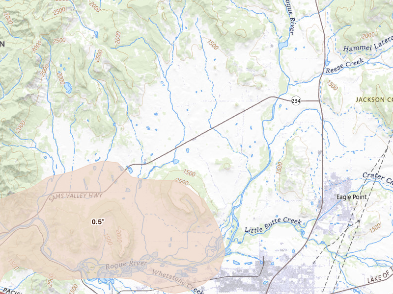 Radar-estimated hail-size map of the storm over White City, OR on May 3, 2026