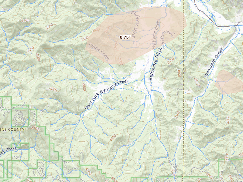 Radar-estimated hail-size map of the storm over Williams, OR on May 3, 2026