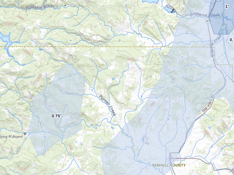 NEXRAD radar-signature map of the hail storm over Yamhill, OR on Jul 22, 2026
