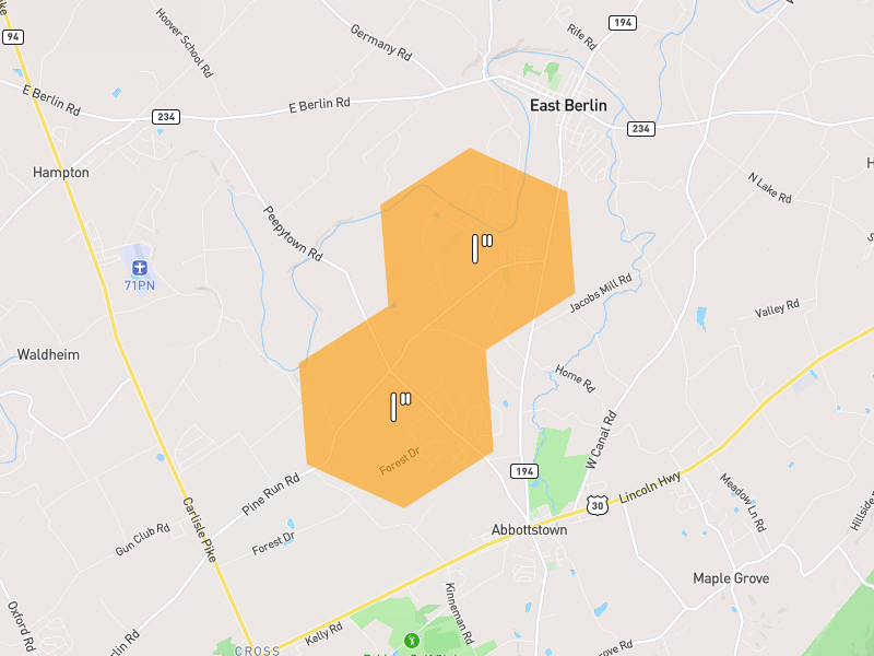 Hail map of Abbottstown, PA on Jul 5, 2026, hail up to 1"