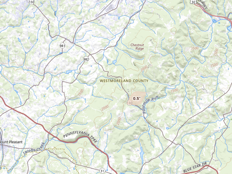 Radar-estimated hail-size map of the storm over Acme, PA on May 13, 2026