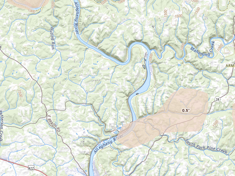 Radar-estimated hail-size map of the storm over Adrian, PA on Jul 3, 2026