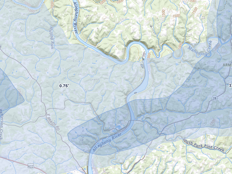 NEXRAD radar-signature map of the hail storm over Adrian, PA on Jul 3, 2026