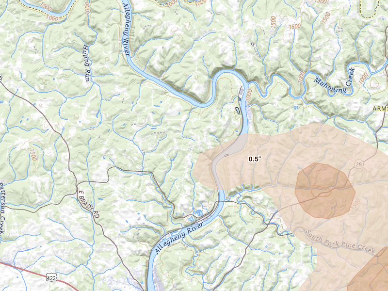 Radar-estimated hail-size map of the storm over Adrian, PA on Jul 4, 2026