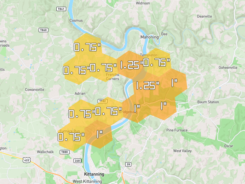 Hail map of Adrian, PA on Jul 4, 2026, hail up to 1.25"
