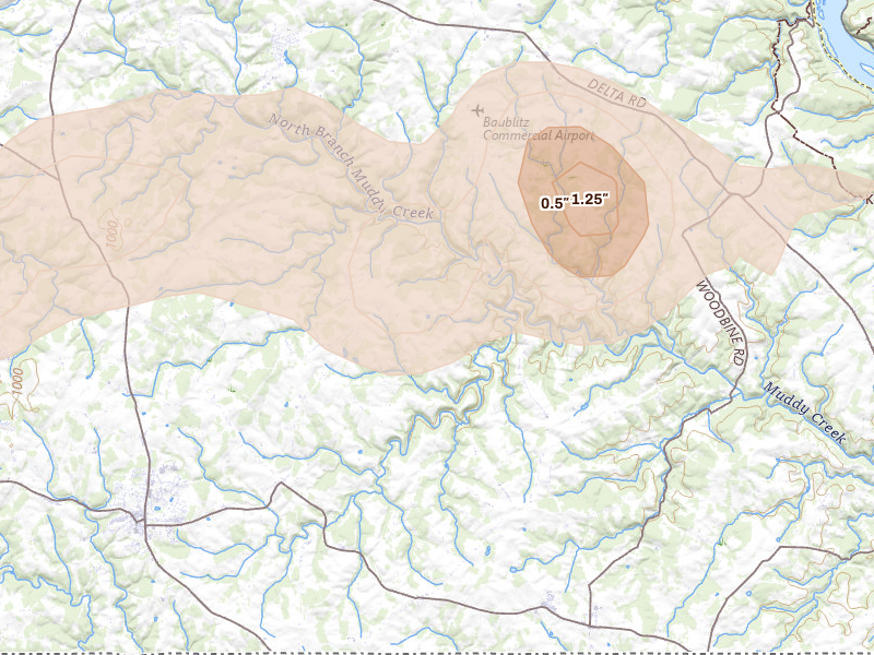 Radar-estimated hail-size map of the storm over Airville, PA on Jun 14, 2026