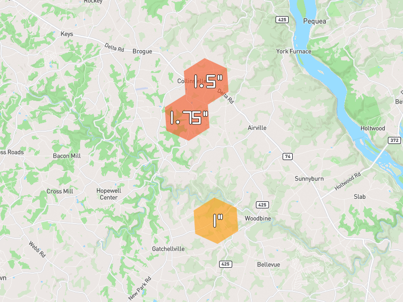 Hail map of Airville, PA on Jul 6, 2026, hail up to 1.75"