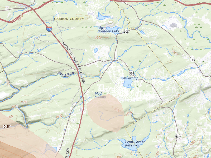 Radar-estimated hail-size map of the storm over Albrightsville, PA on Jul 15, 2026