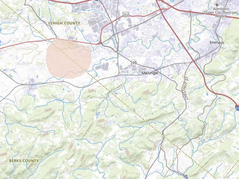 Radar-estimated hail-size map of the storm over Alburtis, PA on Jul 3, 2026