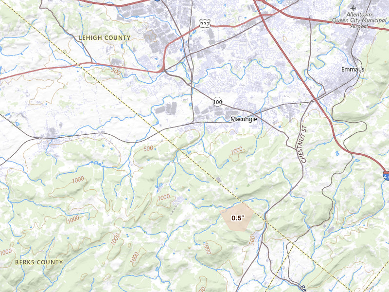 Radar-estimated hail-size map of the storm over Alburtis, PA on Jul 4, 2026