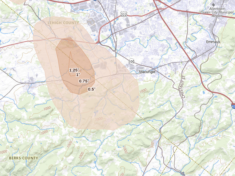 Radar-estimated hail-size map of the storm over Alburtis, PA on Sep 1, 2026
