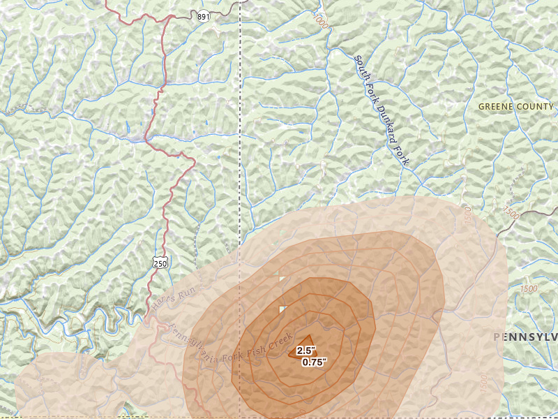 Radar-estimated hail-size map of the storm over Aleppo, PA on Jul 4, 2026