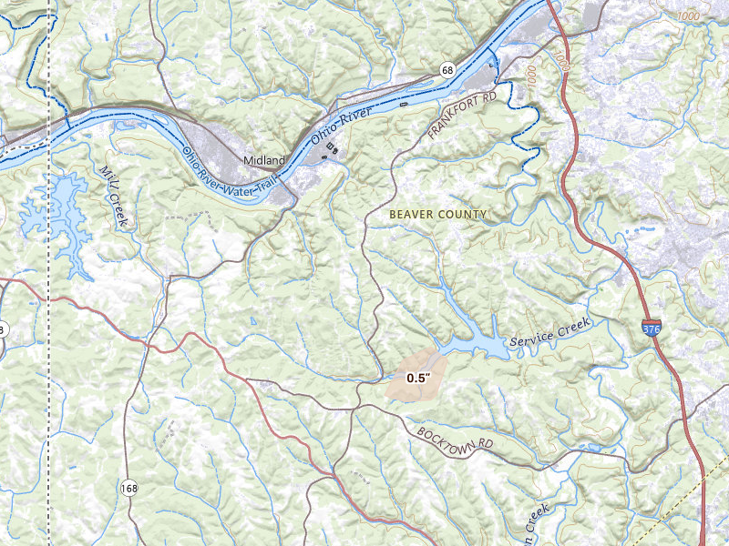 Radar-estimated hail-size map of the storm over Aliquippa, PA on Aug 2, 2026