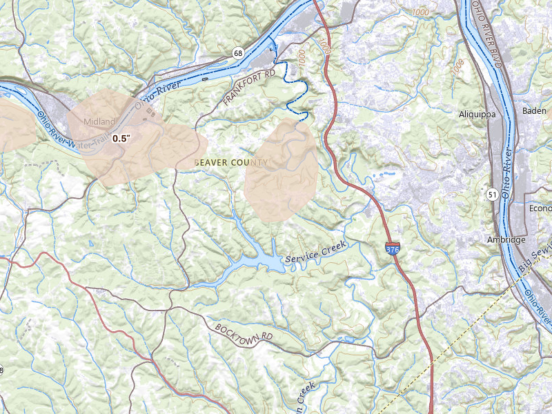 Radar-estimated hail-size map of the storm over Aliquippa, PA on Sep 2, 2026