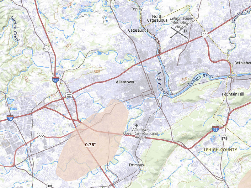 Radar-estimated hail-size map of the storm over Allentown, PA on Jul 28, 2026