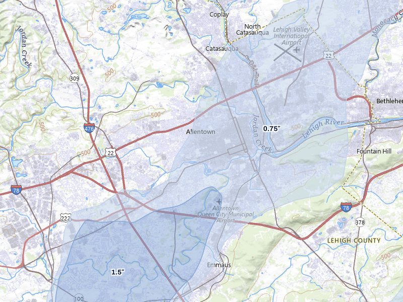NEXRAD radar-signature map of the hail over Allentown, PA