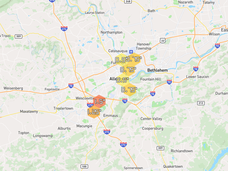 Hail map of Allentown, PA on Jul 28, 2026, hail up to 1.5"