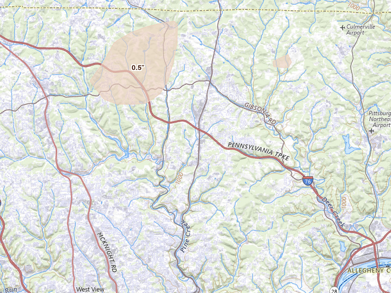 Radar-estimated hail-size map of the storm over Allison Park, PA on Aug 22, 2026