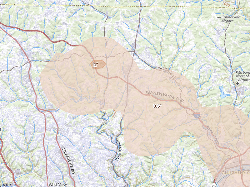 Radar-estimated hail-size map of the storm over Allison Park, PA on Sep 2, 2026