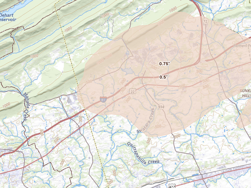 Radar-estimated hail-size map of the storm over Annville, PA on Sep 2, 2026