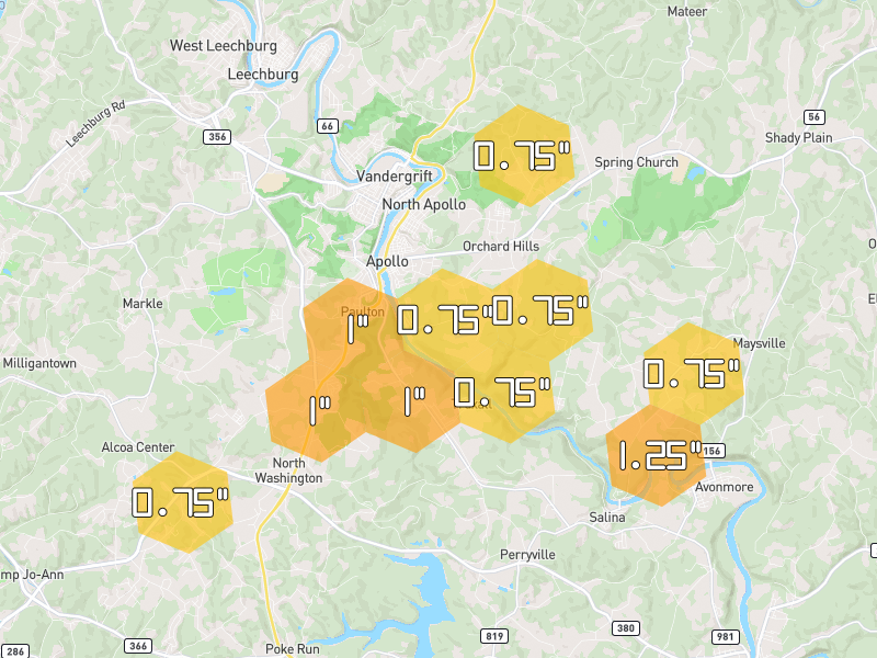 Hail map of Apollo, PA on Jul 4, 2026, hail up to 1.25"
