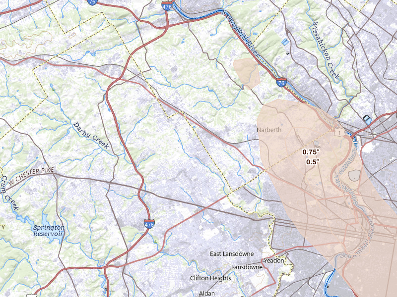 Radar-estimated hail-size map of the storm over Ardmore, PA on Jul 11, 2026