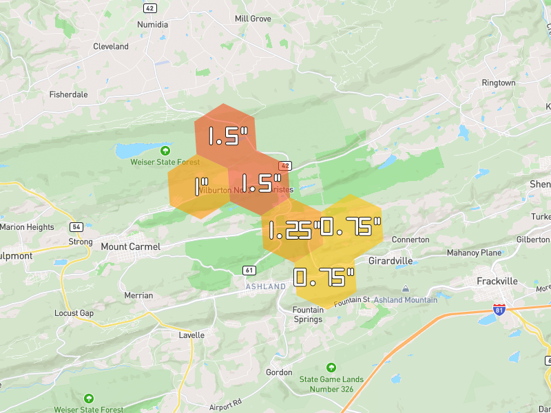 Hail map of Ashland, PA on Jul 3, 2026, hail up to 1.5"