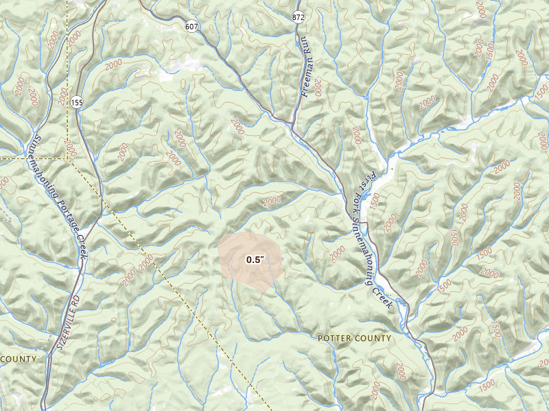 Radar-estimated hail-size map of the storm over Austin, PA on Sep 1, 2026