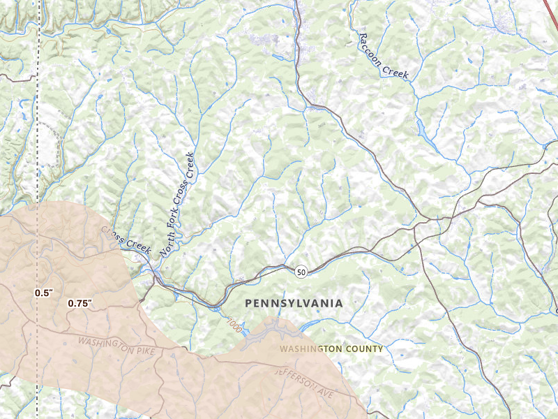 Radar-estimated hail-size map of the storm over Avella, PA on Mar 26, 2026