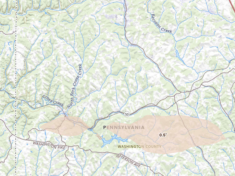 Radar-estimated hail-size map of the storm over Avella, PA on May 13, 2026