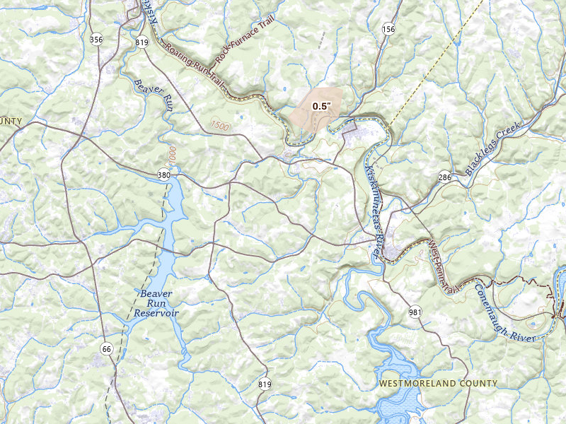 Radar-estimated hail-size map of the storm over Avonmore, PA on Jul 4, 2026