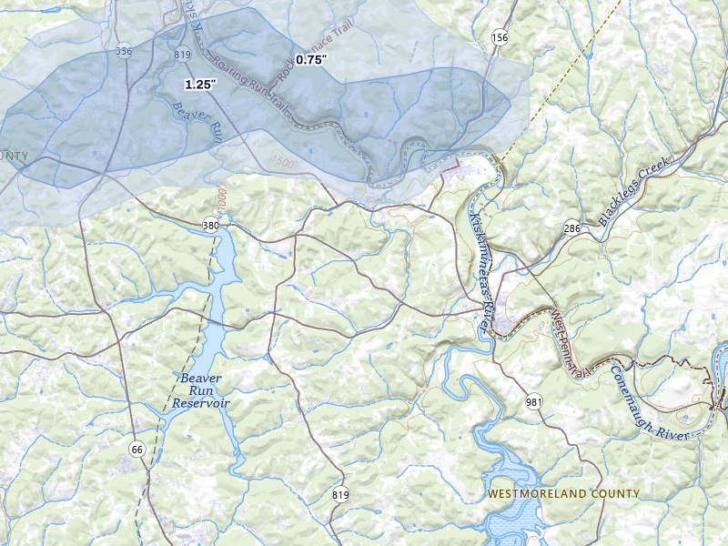 NEXRAD radar-signature map of the hail over Avonmore, PA