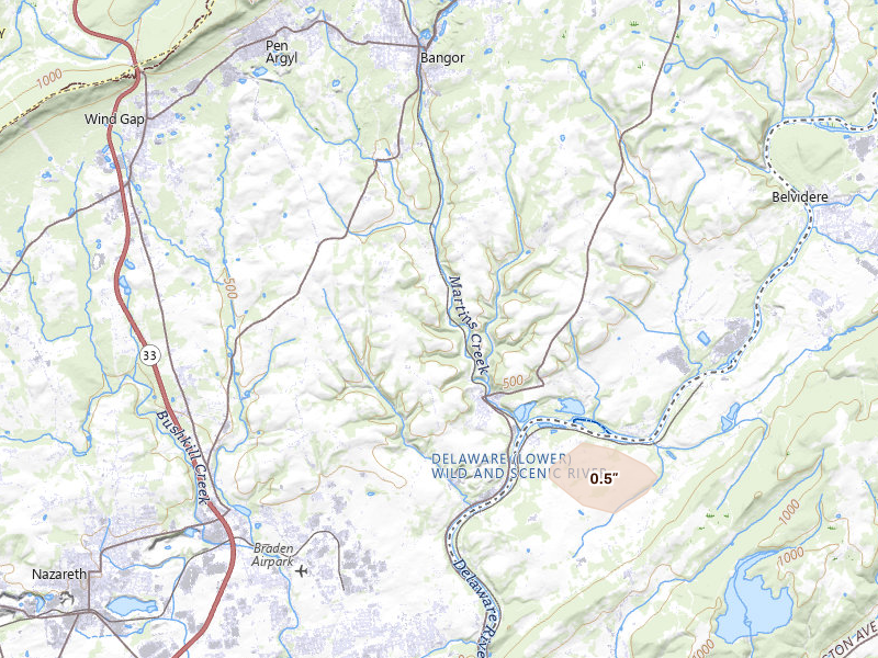 Radar-estimated hail-size map of the storm over Bangor, PA on Jul 3, 2026